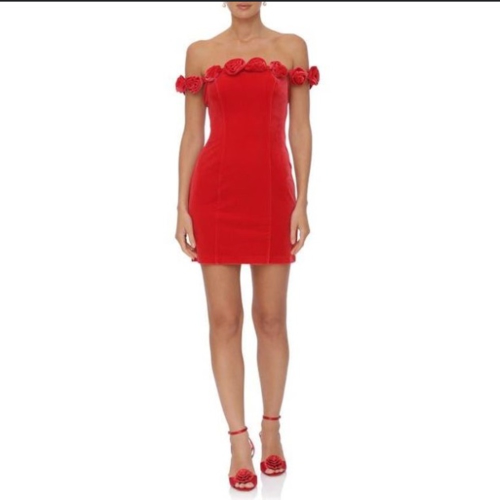 Avec Les Filles Rosette Velvet Off The Shoulder Mini Dress